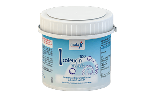 Isoleucin100 minis Dose Isoleucin100 minis, bei Störungen im Aminosäurenstoffwechsel, z. B. Ahornsirupkrankheit (MSUD), Methylmalonacidurie (MMA) oder Propionacidurie (PA), wenn eine Ergänzung mit L-Isoleucin erforderlich ist, hochkonzentriertes, gepresstes und gecoatetes L-Isoleucin in Tablettenform