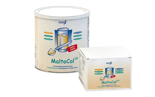 MaltoCal19 Dose und Faltschachtel MaltoCal19, zur Energieanreicherung mit Kohlenhydraten in der Diätetik, ab 1 Jahr, leicht lösliches Glukose-Saccharid-Gemisch in Pulverform – auch als “sports edition” verfügbar