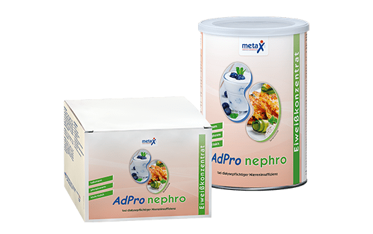 AdPro nephro, bei dialysepflichtiger Niereninsuffizienz – insbesondere wenn gleichzeitig eine Restriktion der Kalium- und Phosphorzufuhr notwendig ist, ab 1 Jahr, kalium- und phosphorarmes 91 %-iges Eiweißkonzentrat in Pulverform – auf Basis von biologisch hochwertigem Molkenprotein
