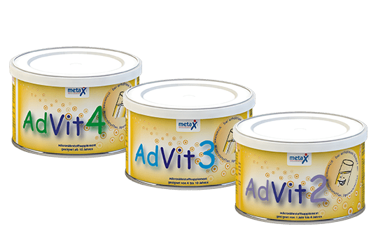 AdVit2, AdVit3 und AdVit4 Dosen AdVit2, AdVit3 und AdVit4, bei Mikronährstoffmangel, für 3 Alters-Stufen, bei erhöhtem Bedarf oder unzureichender Deckung von Vitaminen, Mineralstoffen und Spurenelementen in Pulverform