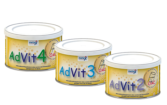 AdVit2 OAC, AdVit3 OAC und AdVit4 OAC Dose AdVit2 OAC, AdVit3 OAC und AdVit4 OAC, bei Mikronährstoffmangel, für 3 Alters-Stufen, bei erhöhtem Bedarf oder unzureichender Deckung von Vitaminen, Mineralstoffen und Spurenelementen, Mikronährstoffsupplement ohne Aroma und Citronensäure in Pulverform