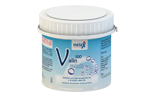 Valin100 minis, bei Störungen im Aminosäurenstoffwechsel, z. B. Ahornsirupkrankheit (MSUD), Methylmalonacidurie (MMA) oder Propionacidurie (PA), wenn eine Ergänzung mit L-Valin erforderlich ist, hochkonzentriertes, gepresstes und gecoatetes L-Valin in Tablettenform