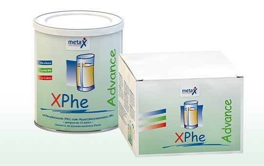 XPhe Advance for phenylketonuria or hyperphenylalaninemia, from 15 years, highly concentrated phenylalanine-free protein supplement in powder form