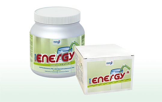 XPhe energy A for phenylketonuria or hyperphenylalaninemia, from 15 years, highly concentrated phenylalanine-free protein supplement in powder form with extra energy