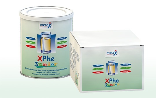 XPhe Junior, for phenylketonuria or hyperphenylalaninemia, 7 to 14 years, highly concentrated phenylalanine-free protein supplement in powder form