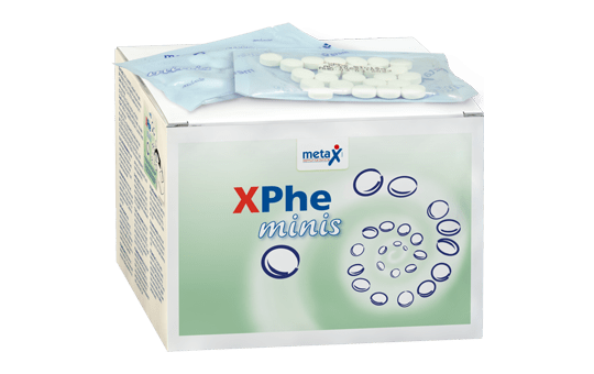 XPhe minis, bei Phenylketonurie oder Hyperphenylalaninämie, ab 7 Jahren, angereichert mit Vitaminen, Mineralstoffen und Spurenelementen, in Tablettenform