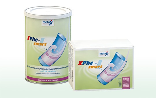 XPhe smart J, for phenylketonuria or hyperphenylalaninemia, 7 to 14 years, highly concentrated phenylalanine-free protein supplement in powder form with few calories