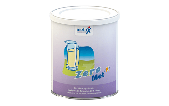 ZeroMet K, bei Homocystinurie, 4 Monate bis 6 Jahre, hochkonzentriertes Methionin-(Met)freies und mit Cystin angereichertes Eiweißsupplement in Pulverform