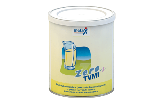 ZeroTVMI J Dose ZeroTVMI J, bei Methylmalonacidurie (MMA) oder Propionacidurie (PA), 7 bis 14 Jahre, hochkonzentriertes Eiweißsupplement frei von Threonin, Valin, Methionin und Isoleucin (TVMI) in Pulverform