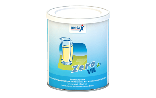 ZeroVIL A Dose ZeroVIL A, bei Störungen im Stoffwechsel verzweigtkettiger Aminosäuren, z. B. Ahornsirupkrankheit (MSUD), ab 15 Jahren, hochkonzentriertes Eiweißsupplement frei von Valin, Isoleucin und Leucin (VIL) in Pulverform