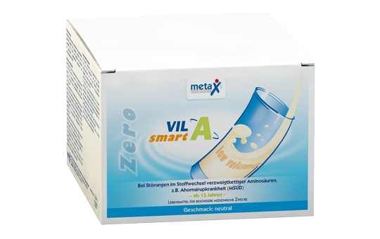 ZeroVIL smart A Faltschachtel ZeroVIL smart A, bei Störungen im Stoffwechsel verzweigtkettiger Aminosäuren, z. B. Ahornsirupkrankheit (MSUD), ab 15 Jahren, hochkonzentriertes Eiweißsupplement frei von Valin, Isoleucin und Leucin (VIL) in Pulverform mit wenig Kalorien